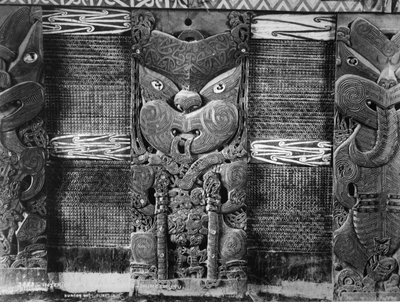 Maori Carvings and Tukutuku Panels at Tamatekapua Meeting House in Ohinemutu, c.1880s by Burton Brothers Studio